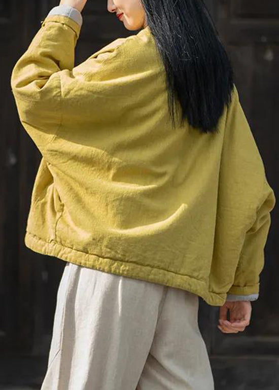 Yellow V Neck Pockets Fine Cotton Filled Coats Winter Tz043