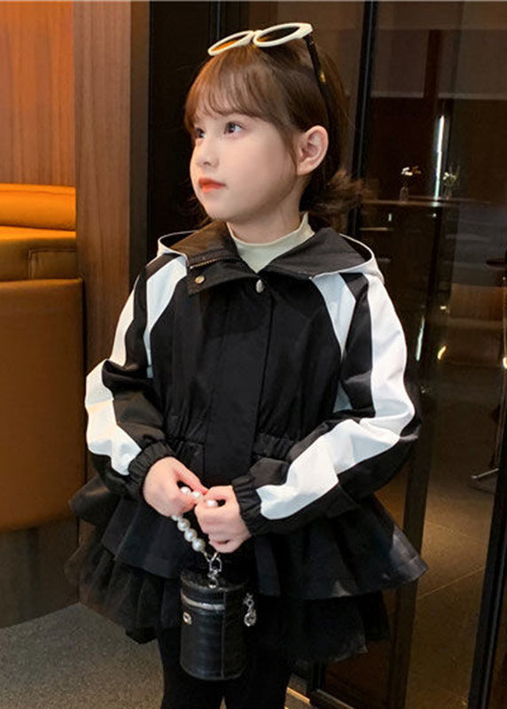 Vogue Black Tulle Wrinkled Patchwork Hoodie Coat Fall Qv029