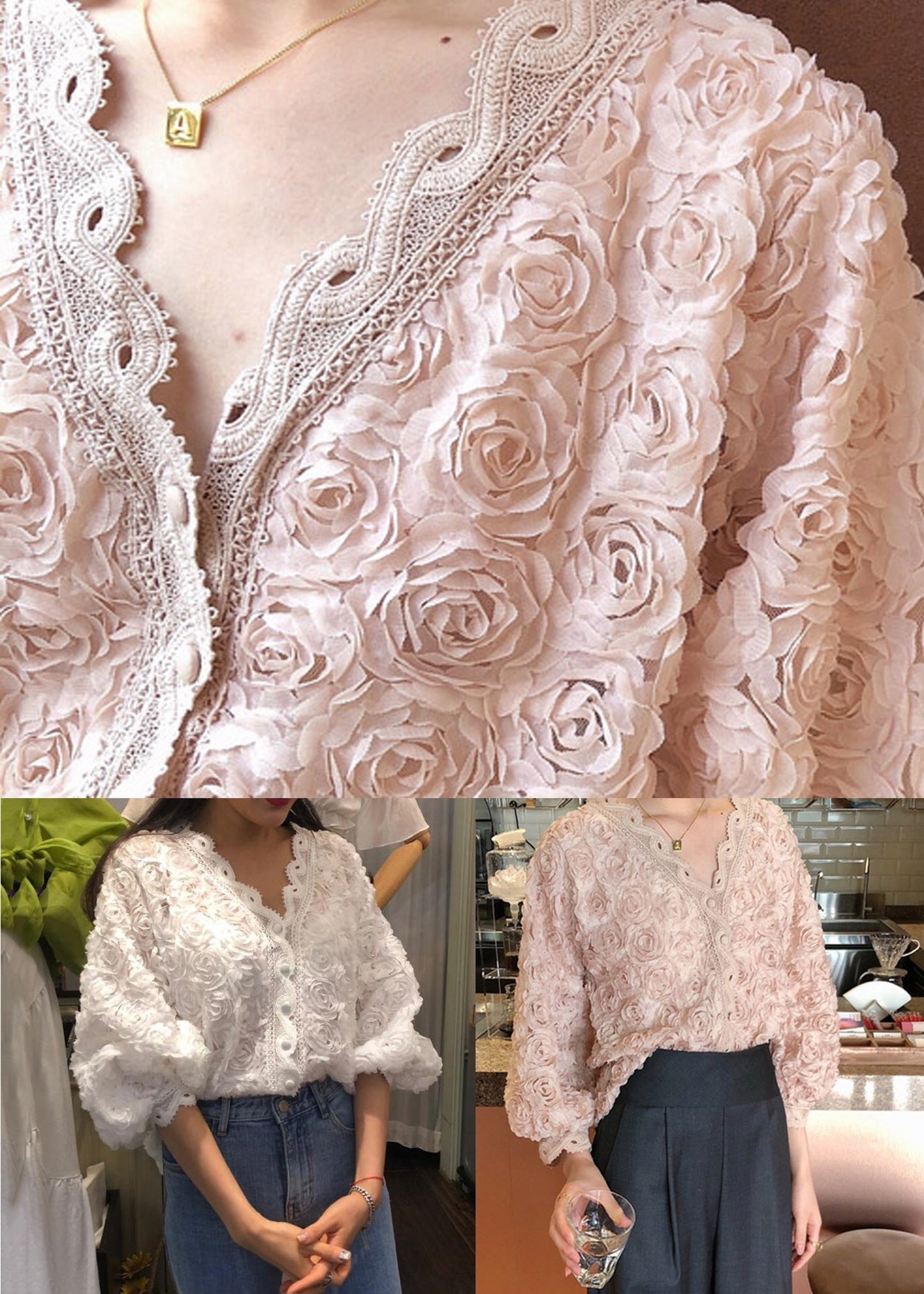 Pink V Neck Button Lace Blouses Bracelet Sleeve Wy013