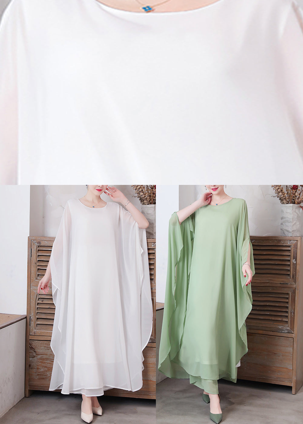 Loose Pea Green O-neck Chiffon Maxi Dresses Spring Ly1730