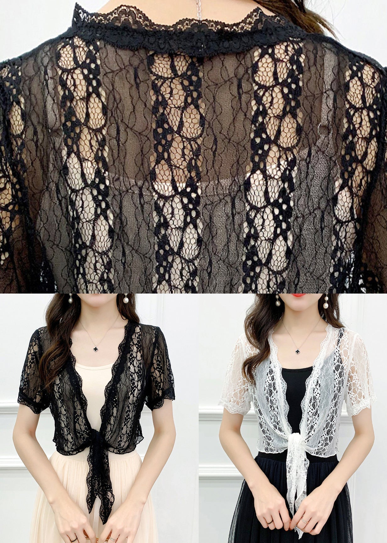 White Hollow Out Lace Cardigan V Neck Short Sleeve As1024