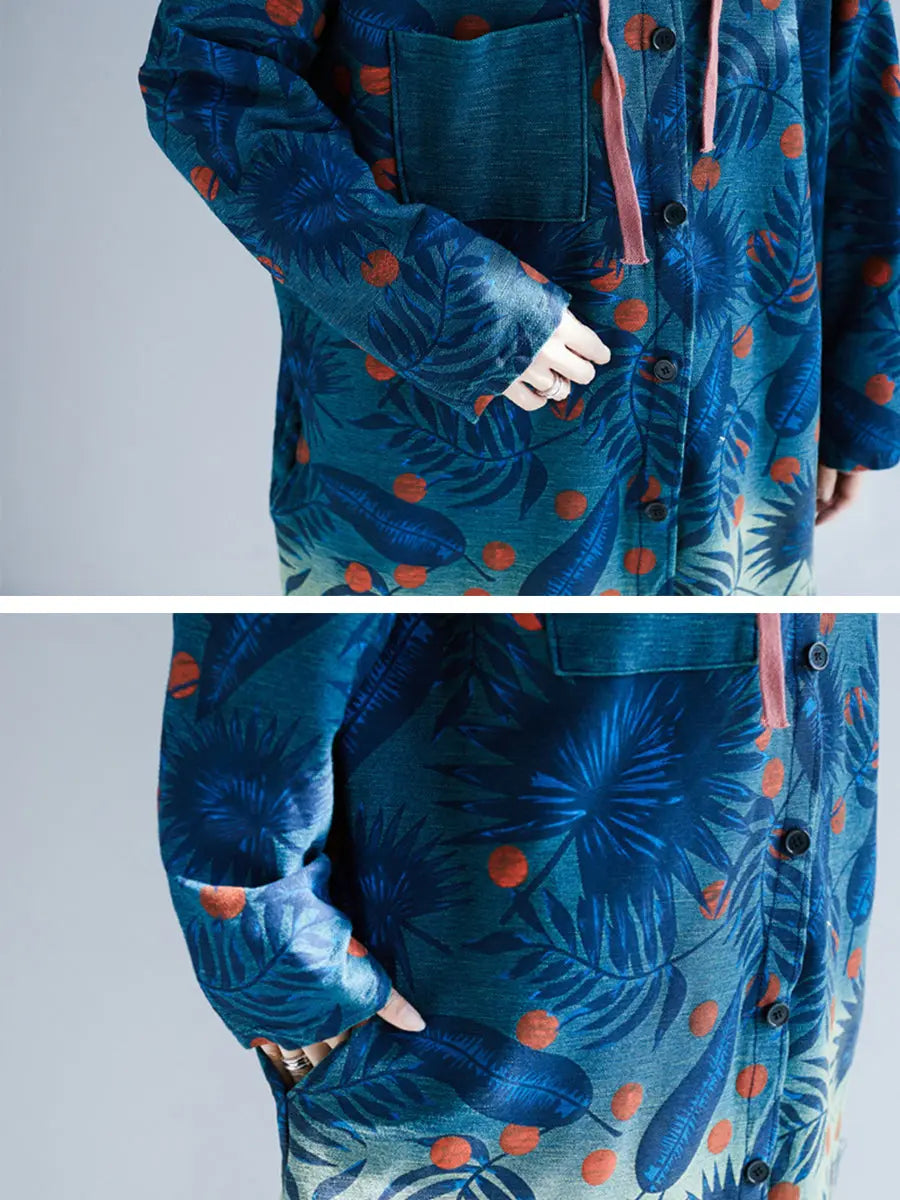 Leaf Gradual Print Denim Hooded Long Coat