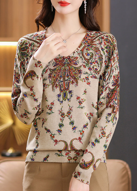 Beige V Neck Zircon Print Woolen Sweater Tops Spring Tq001