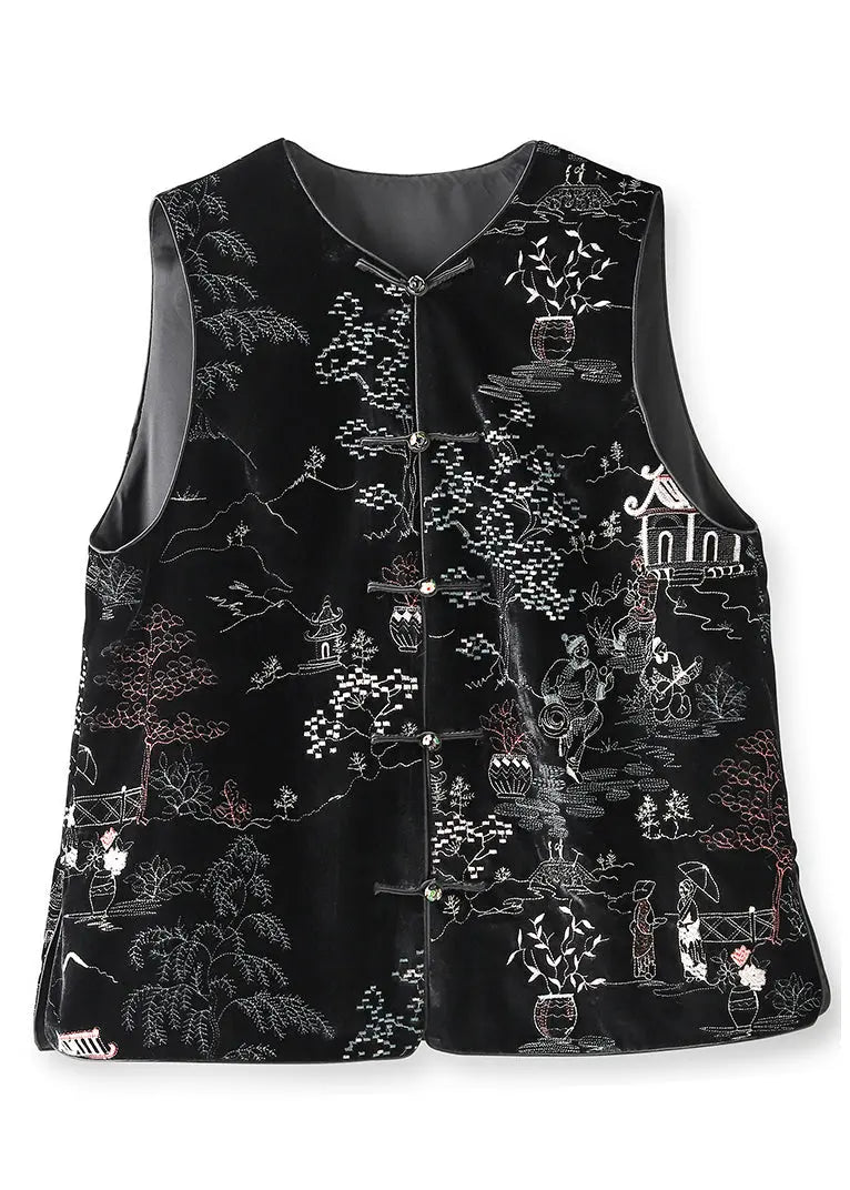 Embroidered Button Silk Velour Waistcoat