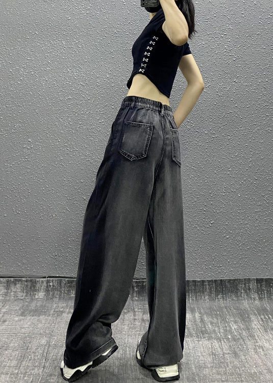 Black Grey Pockets Patchwork Denim Wide Leg Pants Fall Ri008