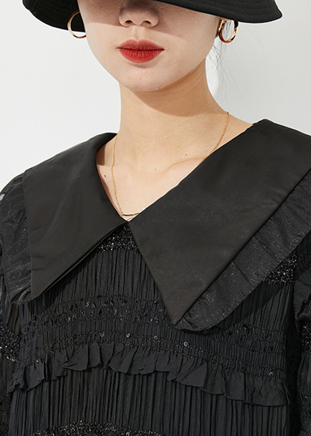 Black Peter Pan Collar Ruffled Patchwork Wrinkled Long Dress Spring Ly0884