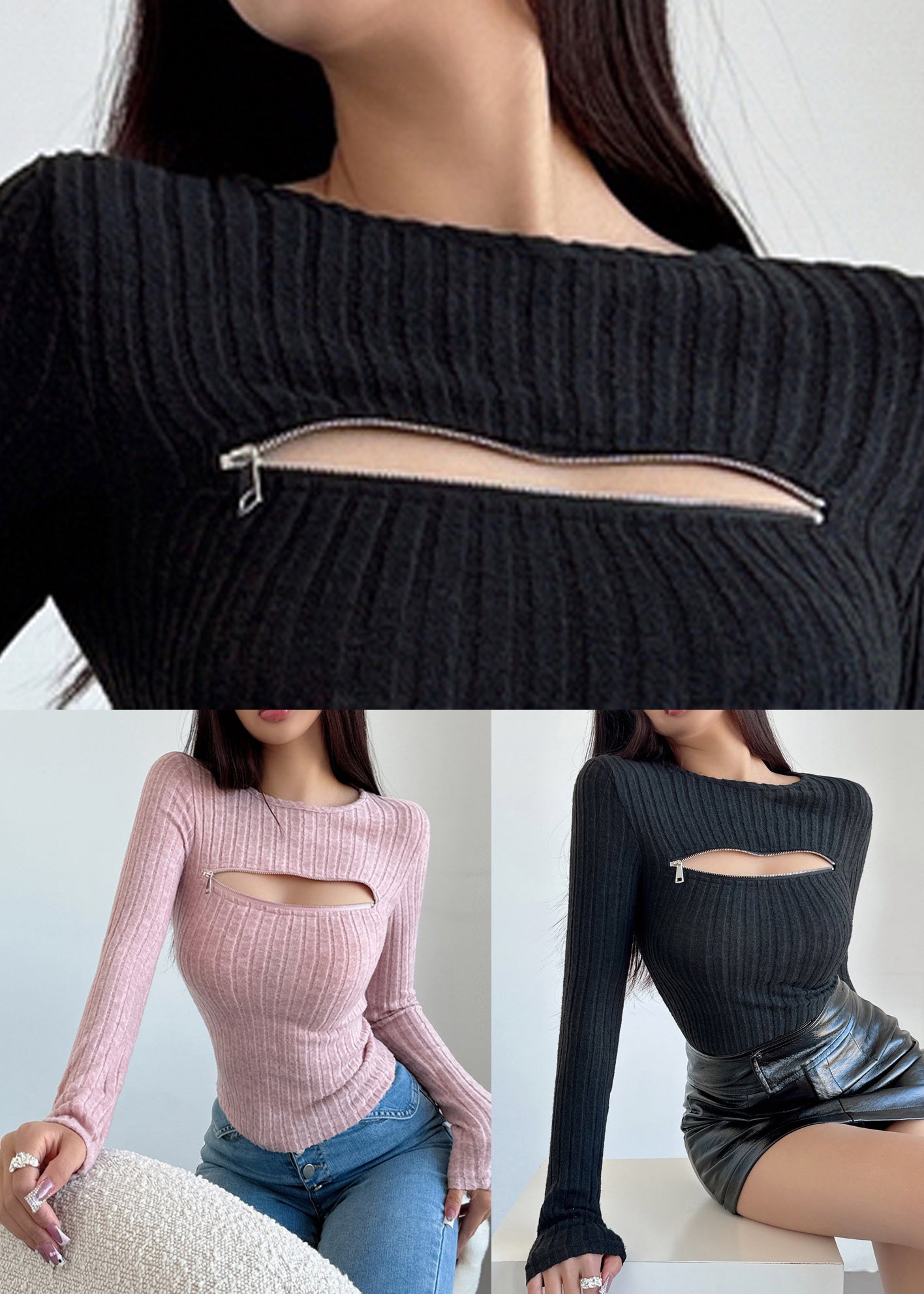 Black Zip Up Knit Sweaters Fall Al1053