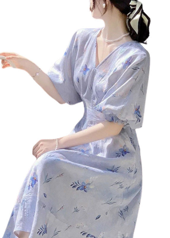 Blue V Neck Print Cotton Long Dress Summer Kj006
