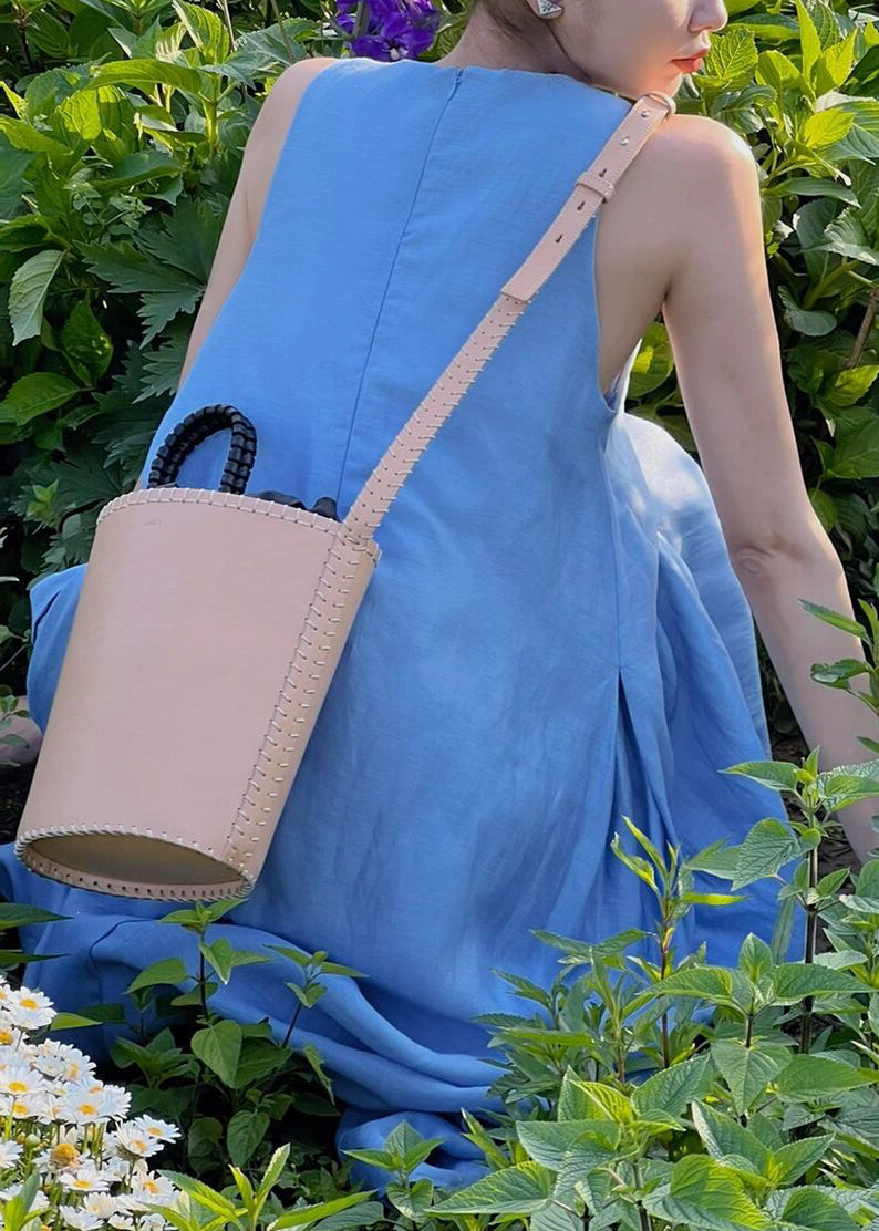 Blue Zip Up Cotton Maxi Dress Sleeveless Xx084