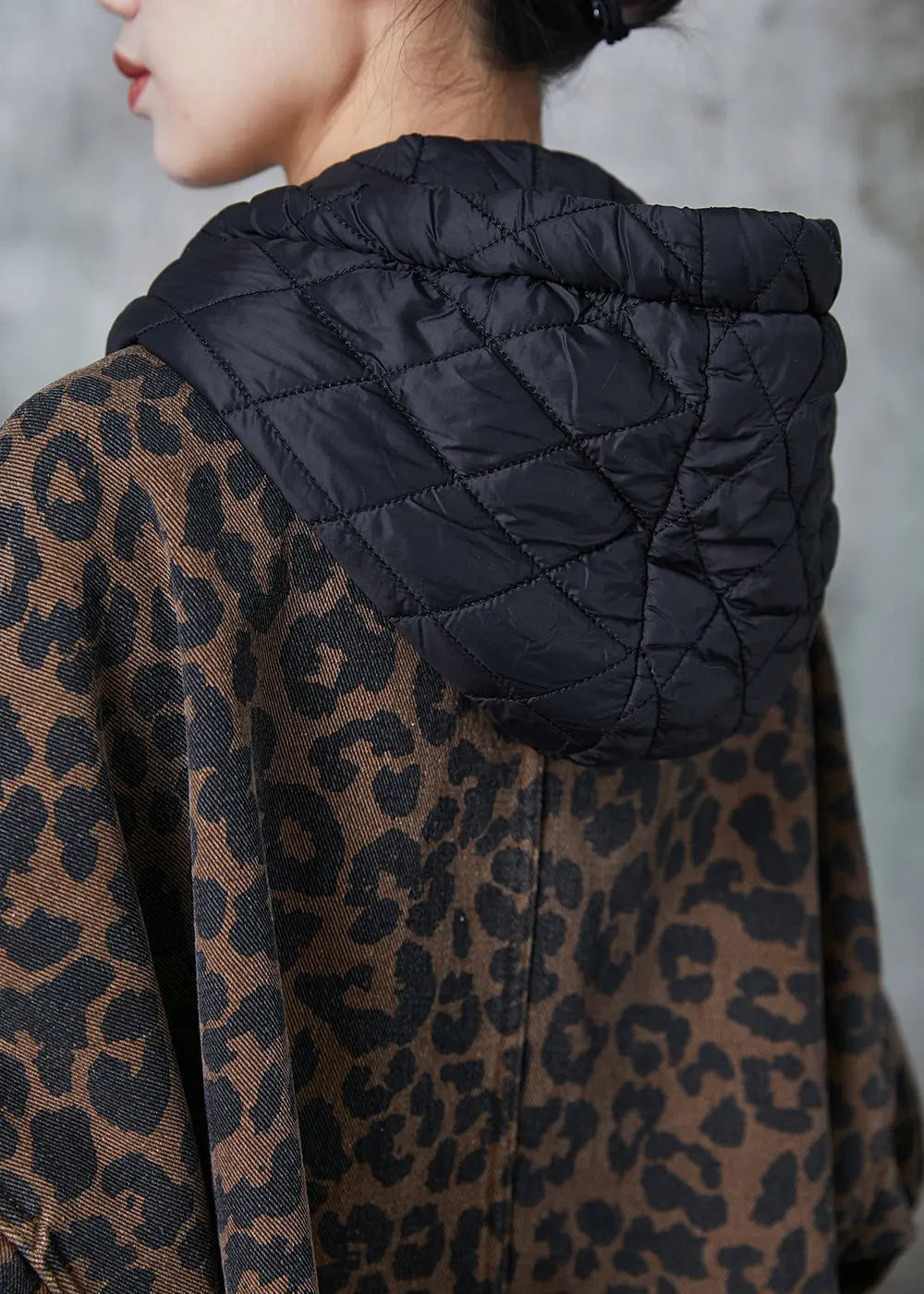 Coffee Hooded Leopard Print Warm Fleece Coat Spring Jk1015