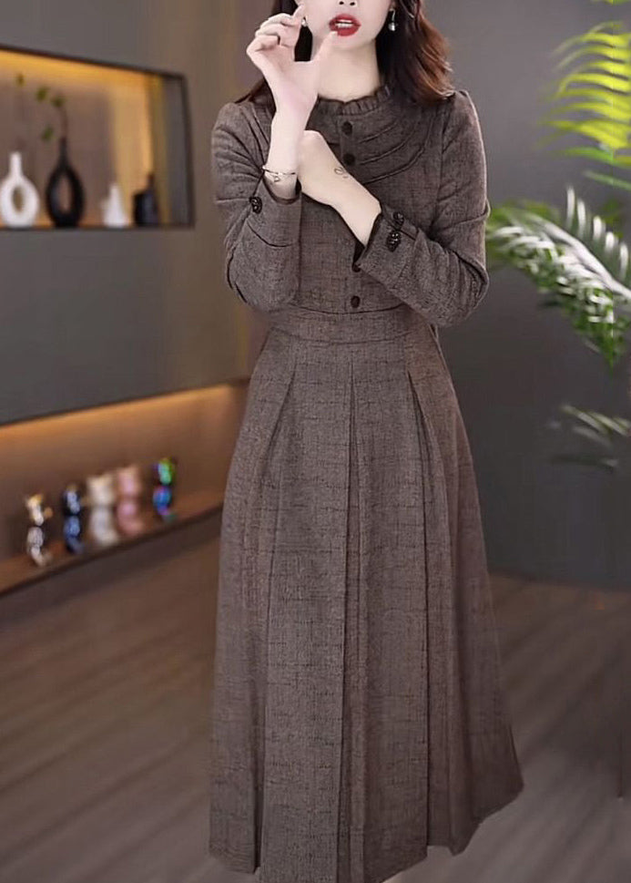 Coffee Patchwork Button Maxi Dress Spring Rf033