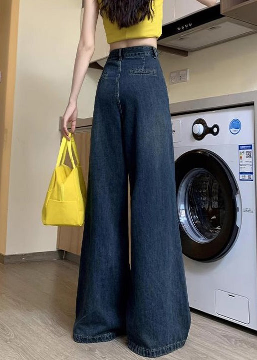 Denim Blue Button Pockets Denim Wide Leg Pants Summer Pp036