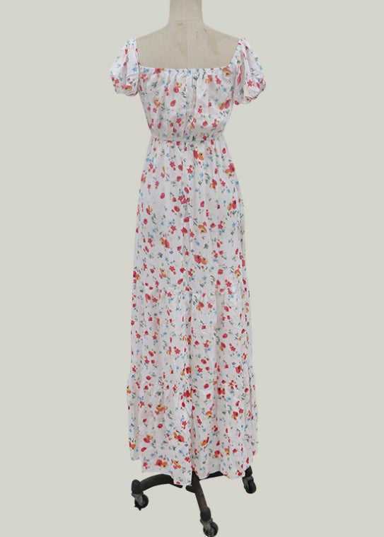 Elastic Square Collar Print Holiday Floor Maxi Dress With Belt White Lc0027