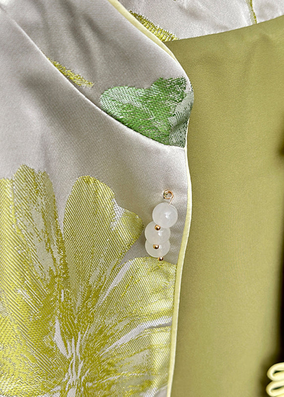 Green Stand Collar Print Button Satin Waistcoat Fall Ag1041