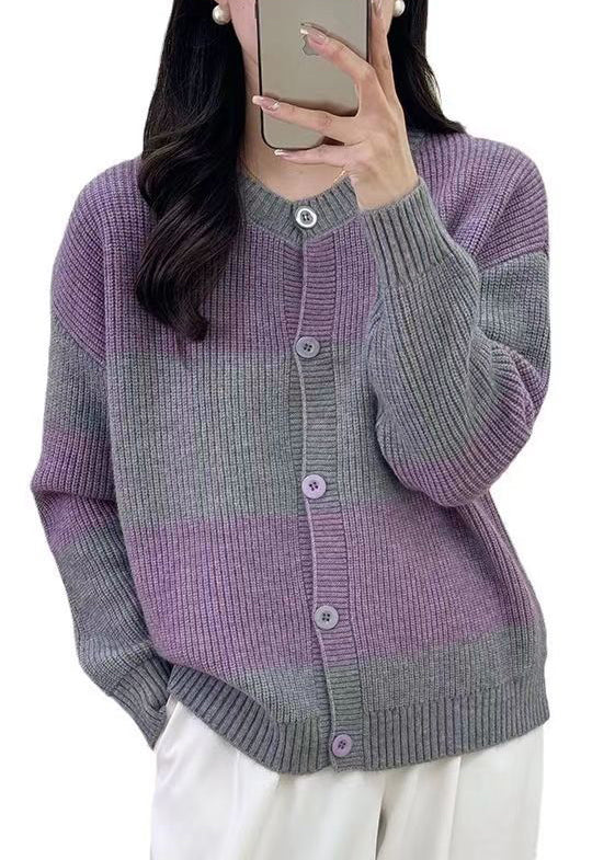 Grey Striped Button Knit Cardigan Fall Qg013