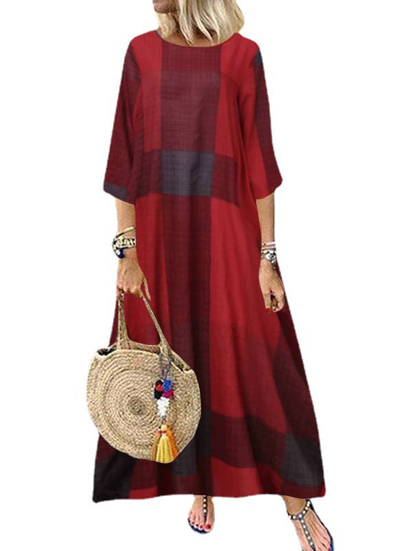 Khaki O-neck Plaid Maxi Dresses Half Sleeve Lc0001