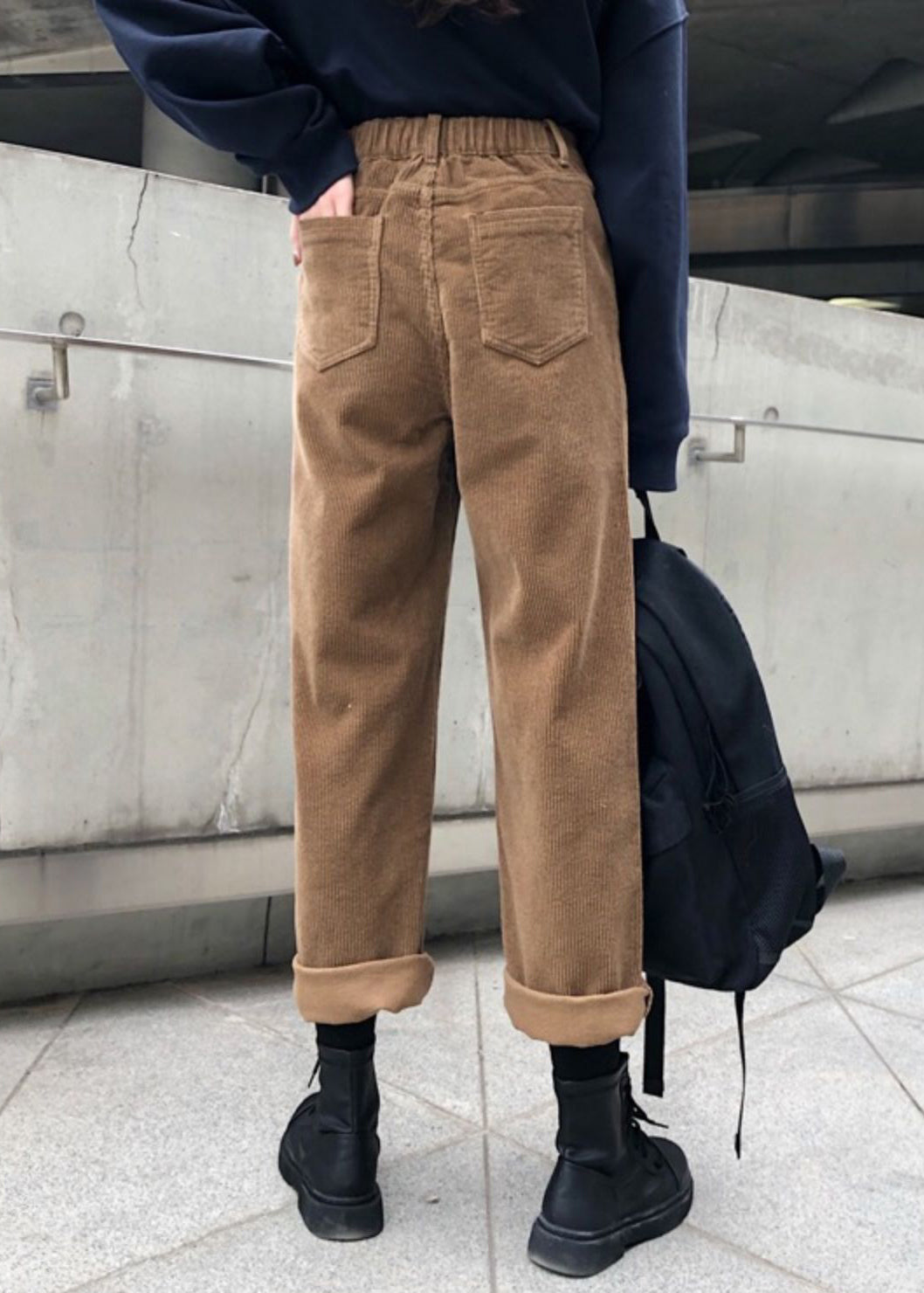 Khaki Pockets High Waist Warm Fleece Pants Fall Tu032