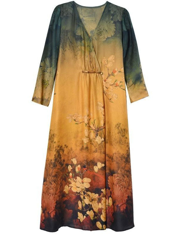 Khaki V Neck Tie Dye Print Silk Maxi Dresses Half Sleeve Th1027