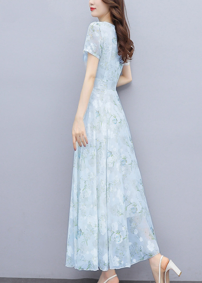 Light Blue Print Silm Fit Chiffon Long Dresses Summer Oo024