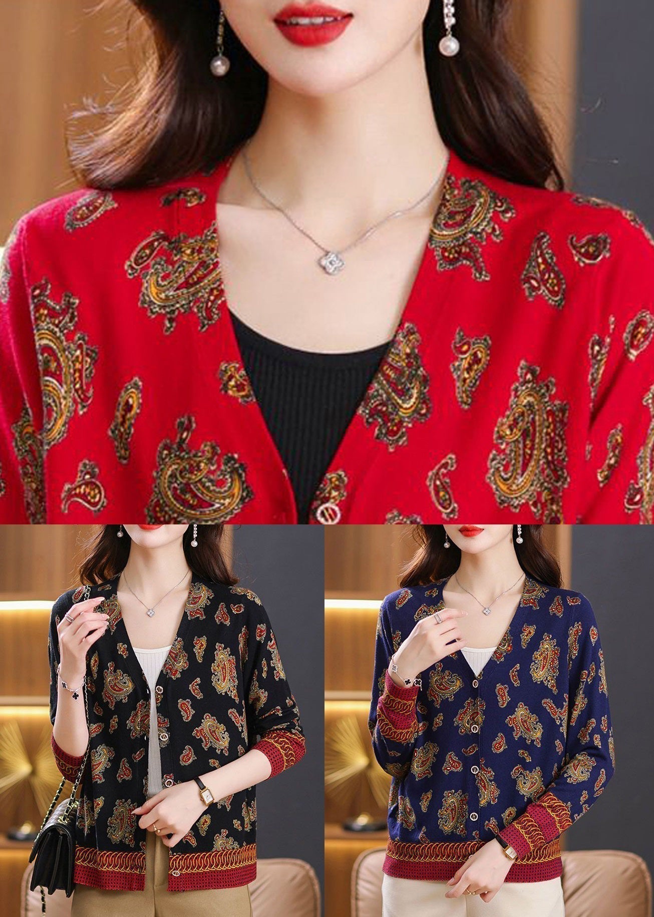 Navy Button Print Cozy Knit Cardigan Spring Tb008