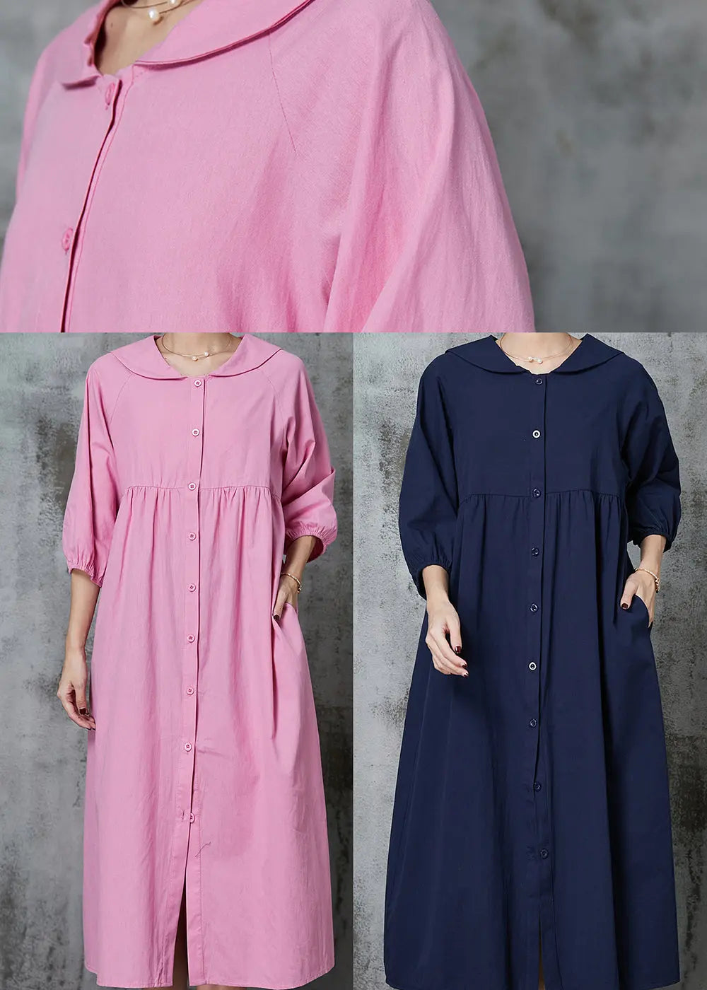 Pink Cotton Long Dresses Oversized Button Down Half Sleeve Jk1009