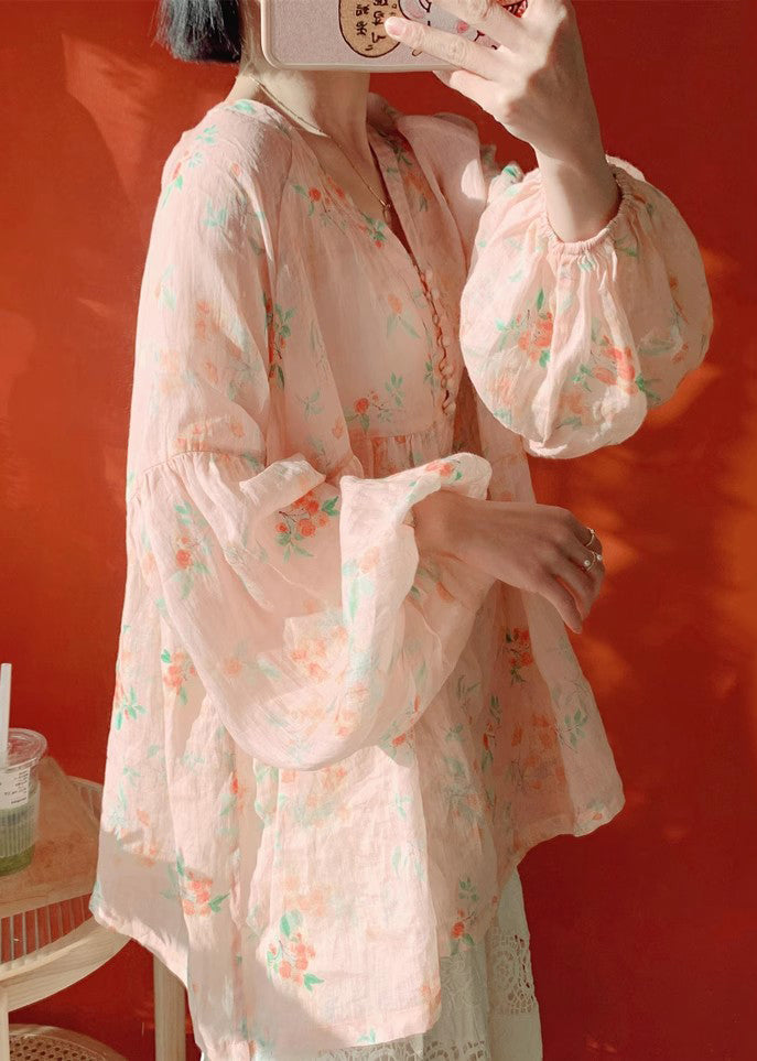 Pink Button Print Cotton Blouse Lantern Sleeve Kj019