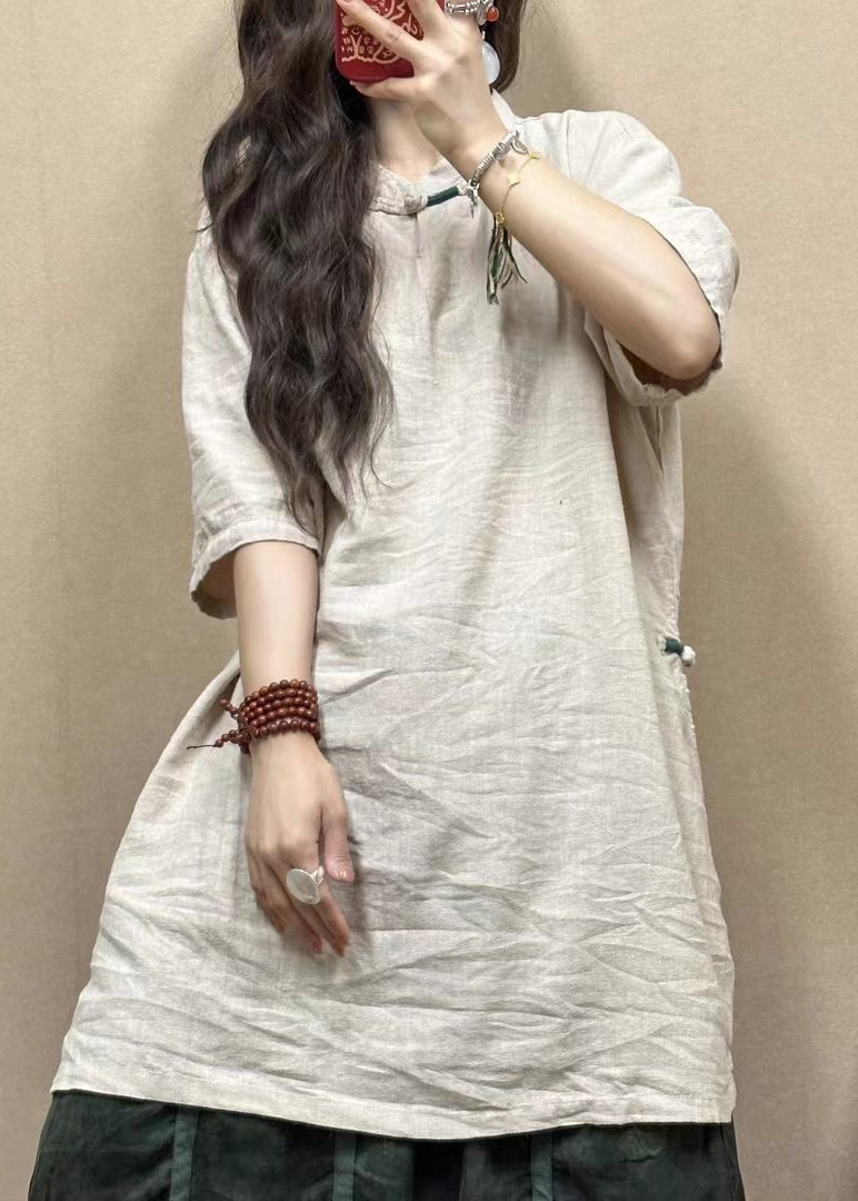 Pink Stand Collar Side Open Linen Blouses Half Sleeve Gg017