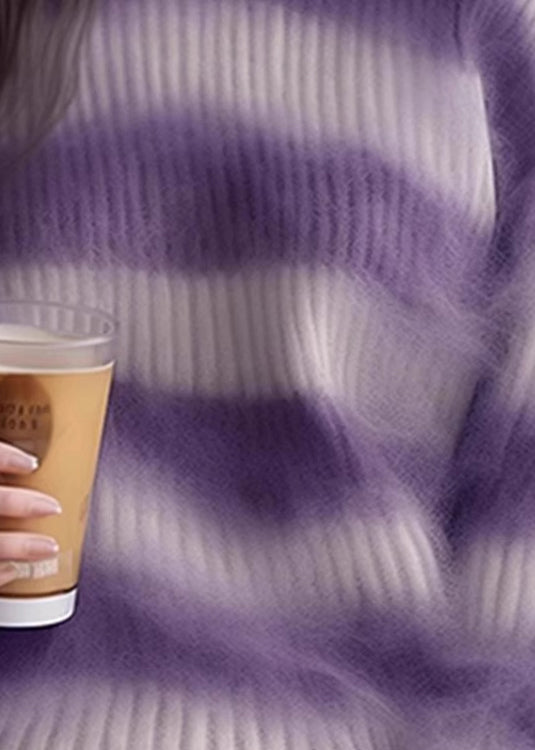 Purple O Neck Striped Cozy Knit Sweater Winter Wk004