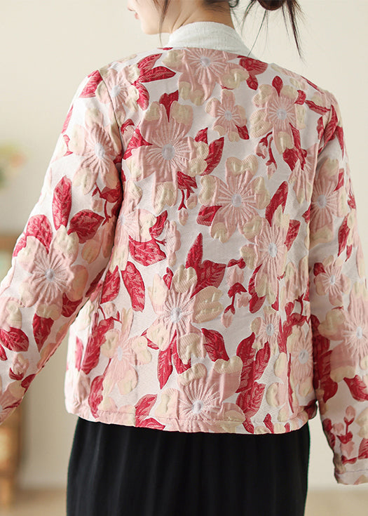 Red O Neck Print Button Pockets Thick Coats Winter Qo033