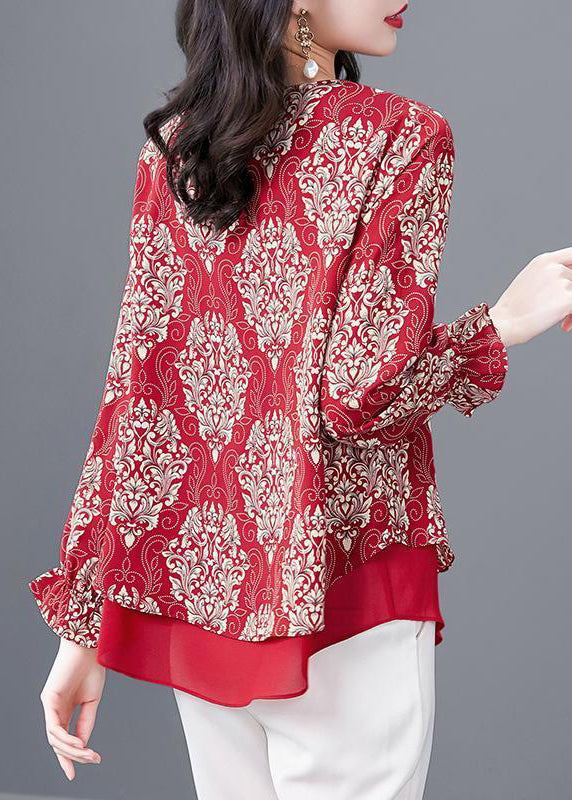 Red O Neck Print Patchwork Chiffon Blouses Flare Sleeve Op1066
