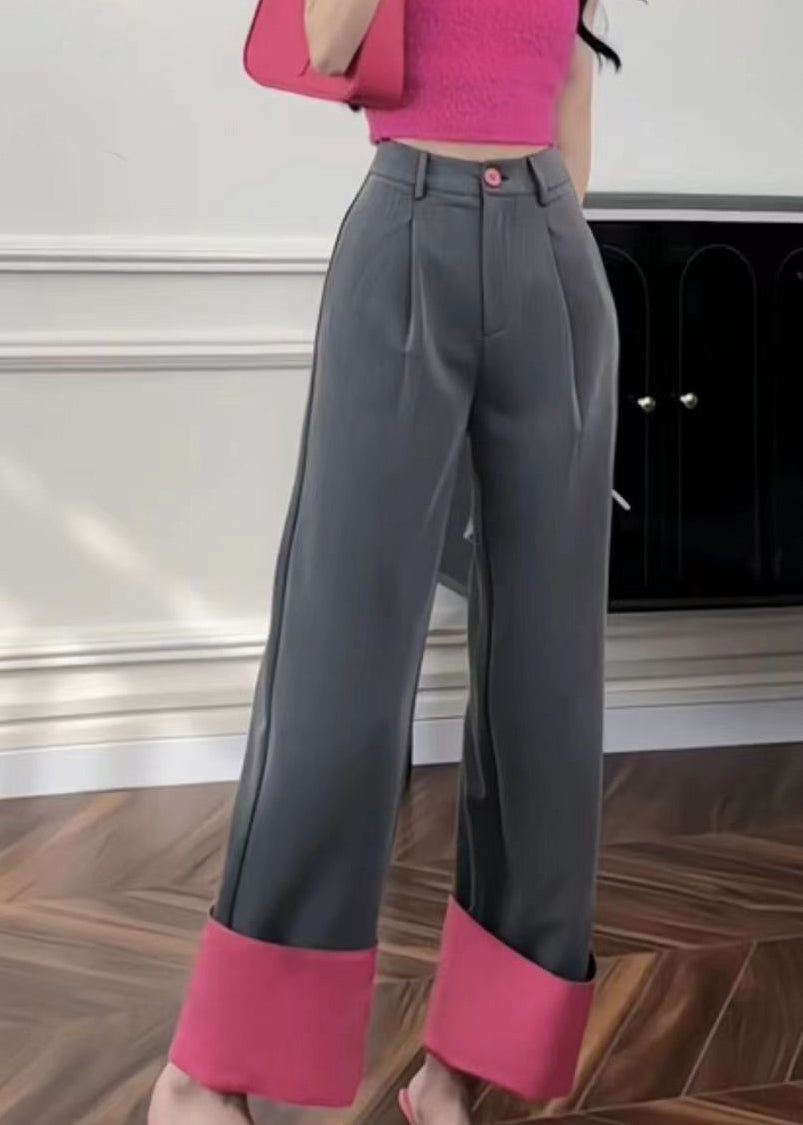 Rose Pockets Patchwork High Waist Straight Pants Uu1011