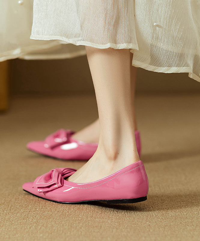 Splicing Bow Flat Shoes Rose Faux Leather Pointed Toe Qk034