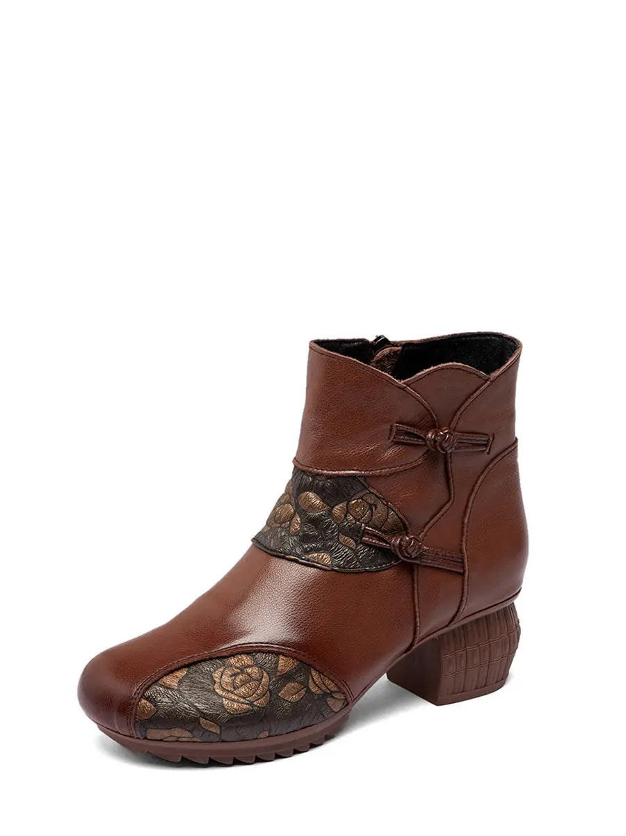 Leather Flower Spliced Ankle Boots