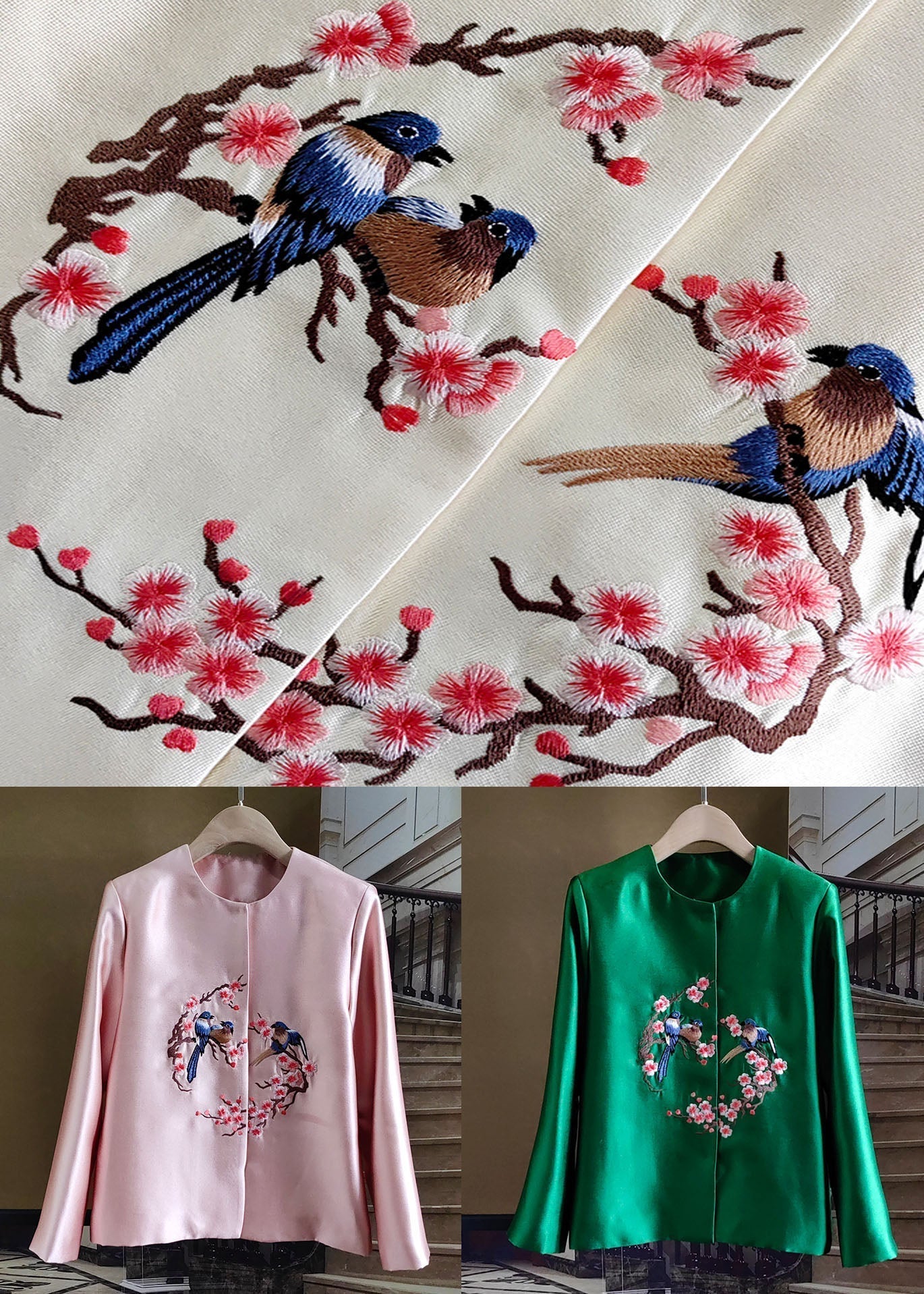 French Green Embroideried Bird Patchwork Silk Coat Spring Ly0981