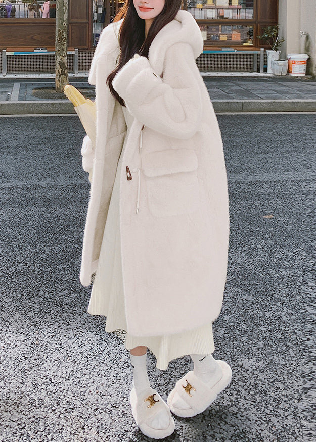 White Hooded Pockets Mink Velvet Coats Spring Yw039