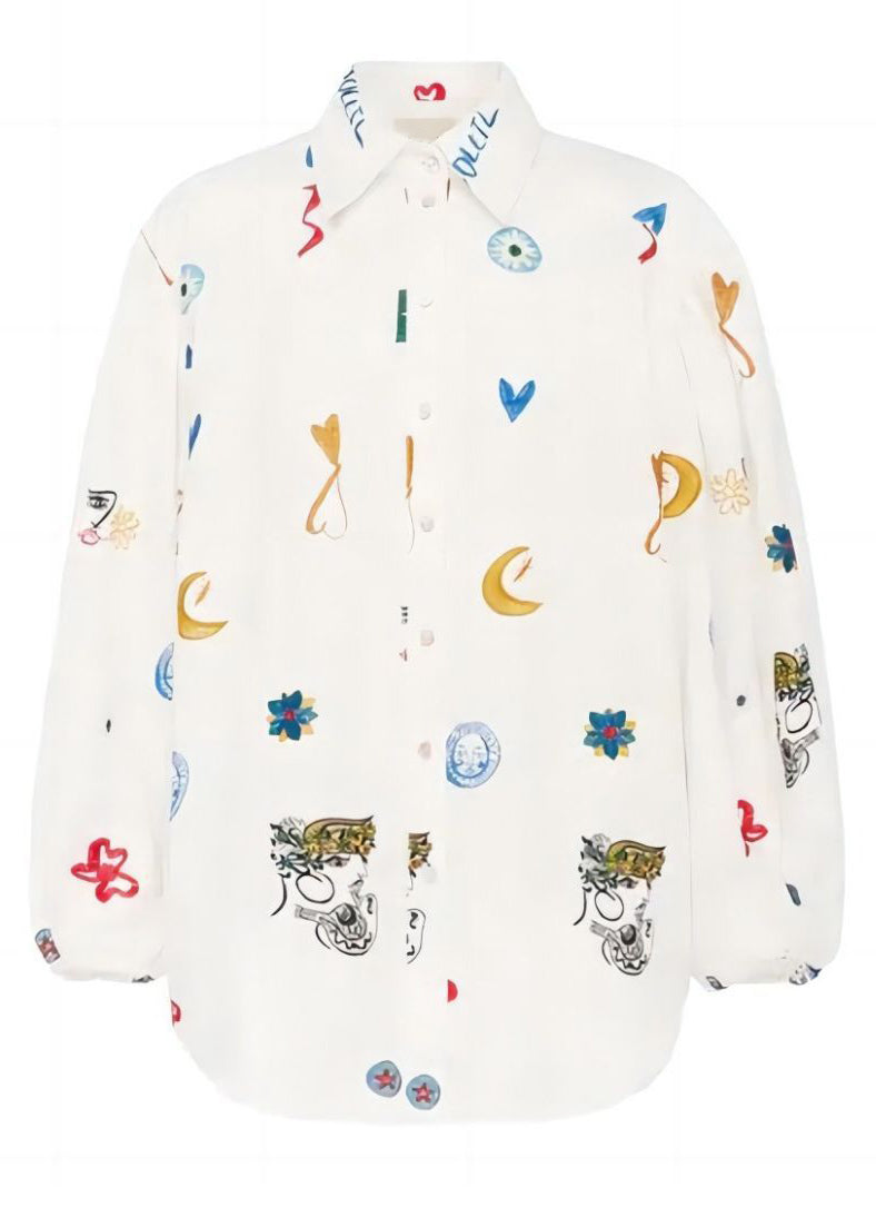 White Peter Pan Collar Button Print Cotton Blouses Long Sleeve Ff094