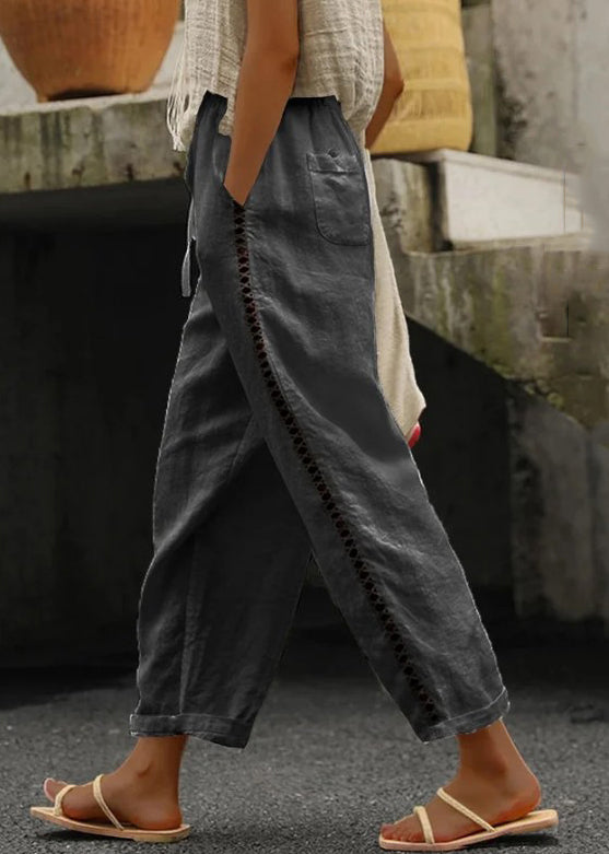 White Pockets Elastic Waist Cotton Crop Pants Summer Ff063