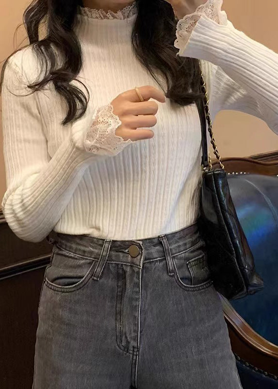 White Lace Patchwork Knit Sweaters Fall Qi017