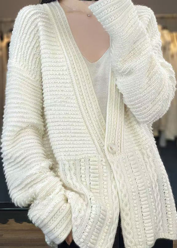 White V Neck Button Woolen Cable Knit Coats Spring Yw021