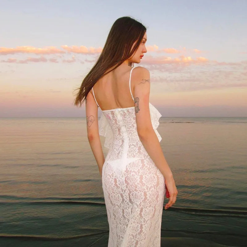 Maxi White Spring Summer Suspenders Low-cut Slim-fit Buttock Vestidos Midi Dresses