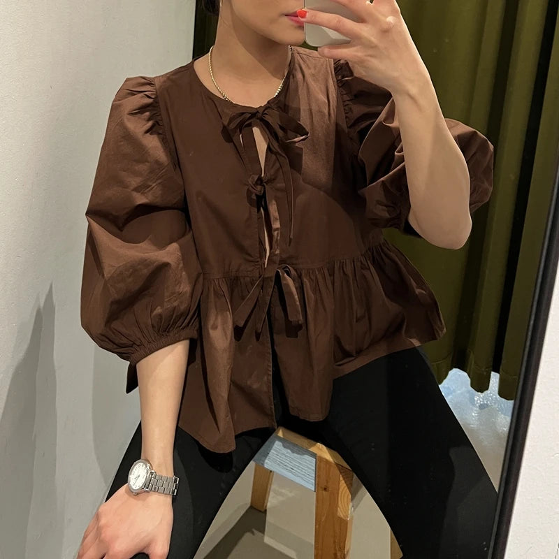 Puff Short Sleeve Peplum Tie Front Blouse