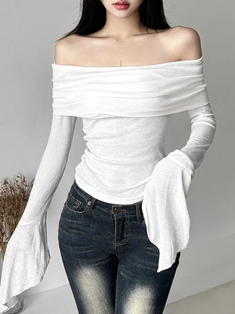Y2k Aesthetic Simple ’s Tee Shirts Slash Neck Long Sleeve T-shirts Off Shoulder Tshirts