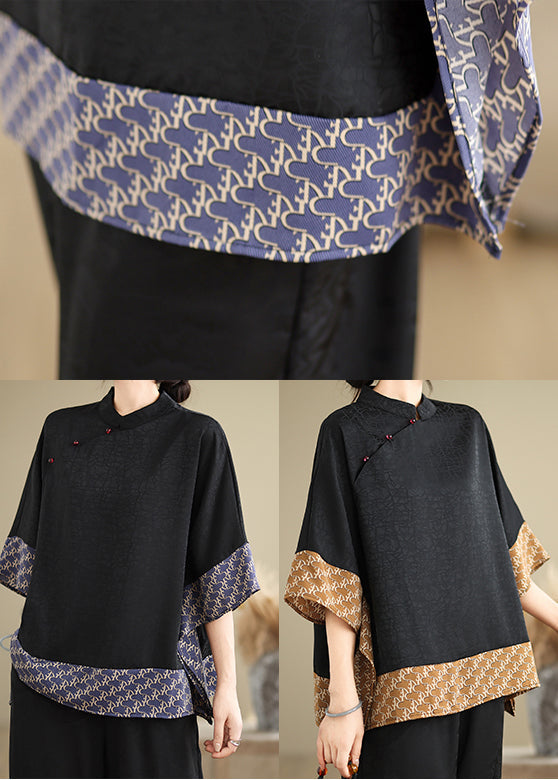 Yellow Patchwork Silk Blouse Mandarin Collar Summer Tm012