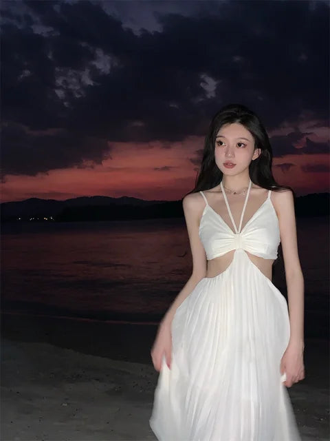 Summer New Pleated Holiday Beach Long Dresses for Vacation Spaghetti Strap a Line Robe Sundress