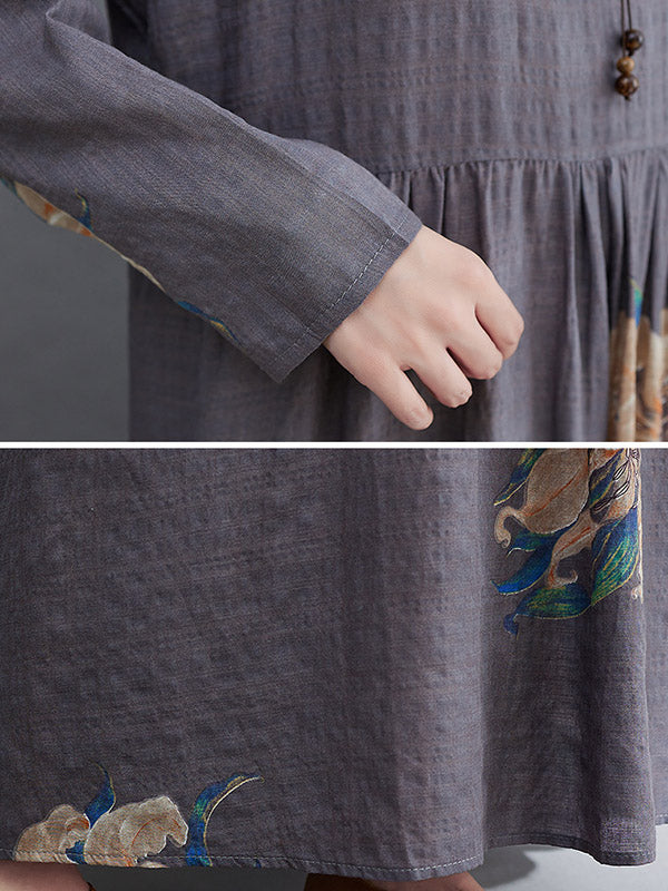 Loose Pleated Flower Printed Round-neck Long Sleeves Maxi Dress
