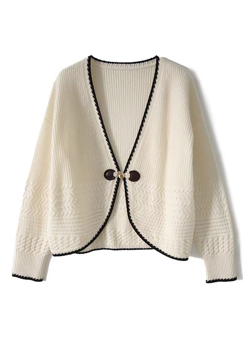 Beige V Neck Woolen Knit Cardigan Fall Qc049