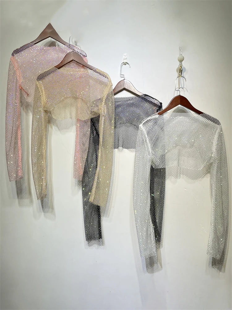 Sparkly Crystal Crop Tops for Fishnet Hollow Out See Through Cropped Coat Evening Night Club Top Party Wear