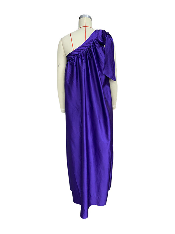 A-line Loose Asymmetric Pleated Color Tied One-shoulder Maxi Dresses