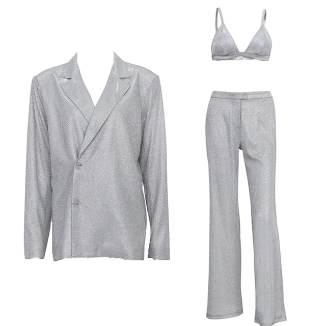 Party Sliver Glitter Three Piece Blazer Sets for Clubwear Sparkly Bra and Pants 2 Piece Mathcing Set New