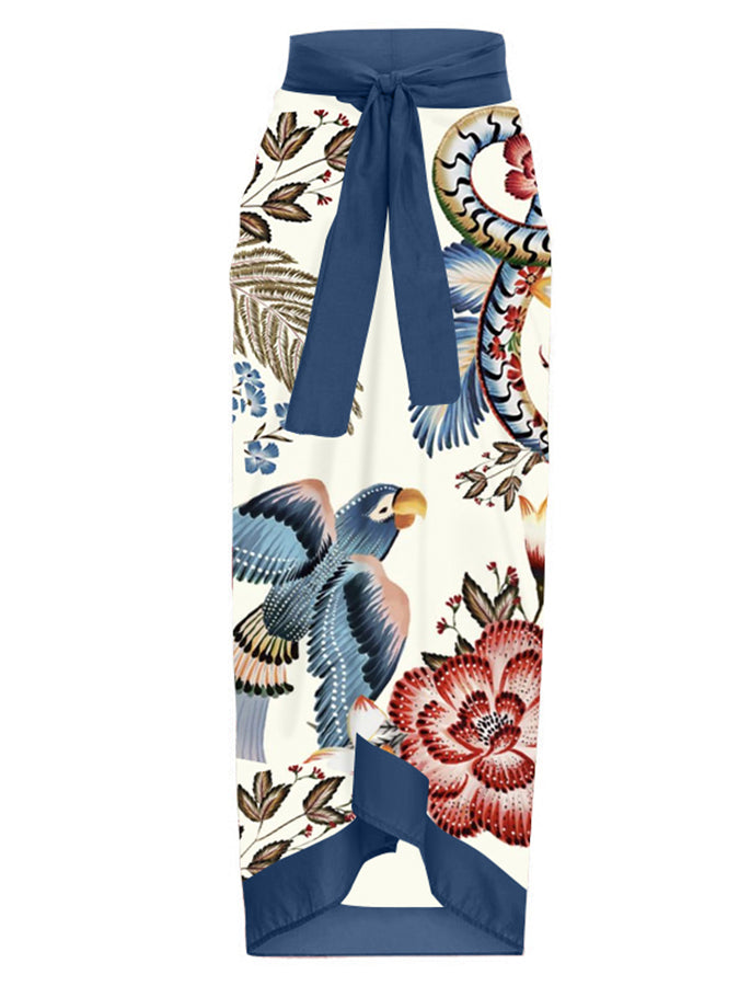 V Neck Ruffle Print Swimsuit and Skirt